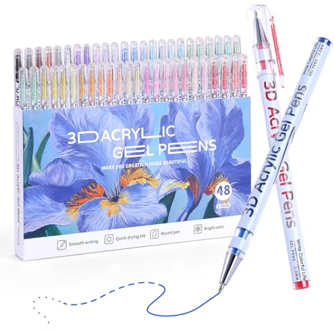 KEMYR Stylo à encre gel acrylique 3D, 48 couleurs, pointe ogive 1 mm, peinture acrylique pour papier noir, verre, bois, tissu, cartes, scrapbooking, loisirs