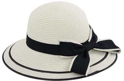 FuninCrea Sonnenhut Damen Breite Krempe Strohhut UPF 50+ Schlapp Faltbar Sommerhut UV-Schutz mit Elastischer Schnur, Strandhut Damen Sonne Strohhut