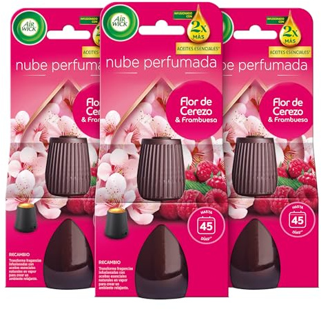 Air Wick Essential Mist - Recambio de Ambientador Difusor de Aceites Esenciales con Aroma a Flor de Cerezo & Frambuesa, 3 x 20ml