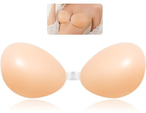 COODAM Invisible Strapless Sticky Bras - Reusable Stick On Push Up Bra for Women, Women's Silicone Adhesive Backless Bras for Women Party, Bar, Wedding, Beach (UK, Cup & Band, A, Beige)