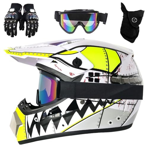 Kids Motocross Teeth Helmets, DOT Approved, Adult Youth Offroad Street Dirt Bike Helmet for 9-14 years old, ATV BMX Downhill Mountain Bike Quad Bike, with Goggles Gloves Mask(905 YC White,S(52-53cm))