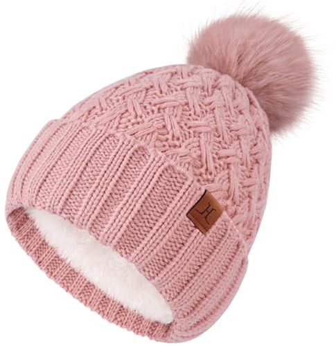 Bequemer Laden Bonnet Femme Hiver Chaud avec Doublé Polaire Tricot Cadeau | Bonnets Chapeau Femme Pompon Bonnet Noir Abricot Bord Large par Temps Froid Idee Cadeau Noel Maman Soeur Adolescente Fille