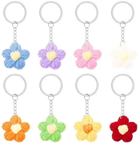 Keboyoe 8 Stück Blume Schlüsselanhänger Gehäkelt 8 Farben | Süßer Gänseblümchen Schlüsselanhänger Häkelblumen Anhänger Deko für Frauen Schlüssel