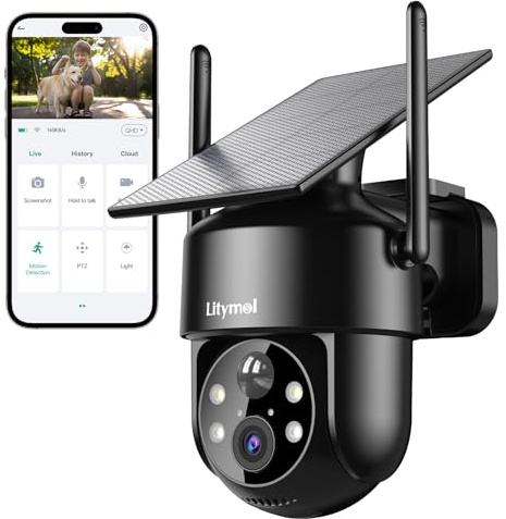 LITYMOL 2K 2.4g WiFi Security Cameras Wireless Outdoor, 360° View Solar Cameras for Home Security, Color Night Vision, AI Detection, 2-Way Audio, Spotlight Siren Alarm, SD/Cloud Storage