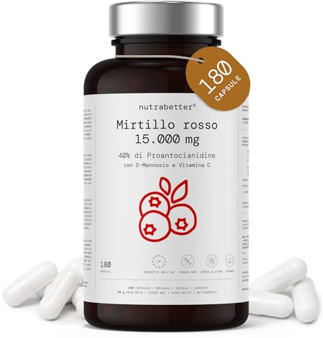 Mirtillo rosso 15.000 mg per cistite e vie urinarie | 180 capsule vegane | Proantocianidine ad alto dosaggio al 40% | Cranberry con D mannosio e vitamina C | nutrabetter®