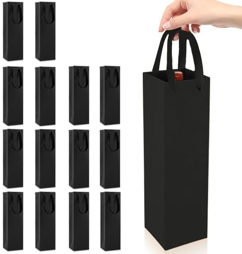 UQTUKO Kraftpapier Wein Geschenktüten, 15 Stück Flaschentüten Geschenktüte mit Griff Kraft-Wein-Organizer Weinflaschen Tüten Weintaschen für Champagner Bier Weihnachten Hochzeit Party, Schwarz