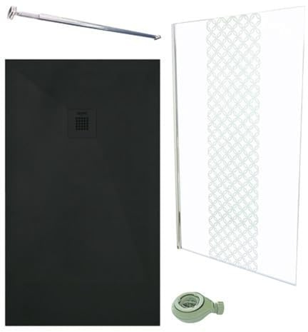 ONDÉE - Kit Douche Complet - Receveur NOLA3 Résine Noir 120 x 80 cm - Paroi Italienne TAILA Verre Trempé 120 x 200 cm - Barre de Fixation Murale INOX