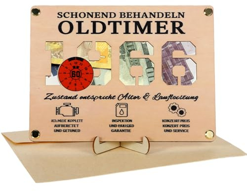 Geldgeschenk 60 Geburtstag, Geschenkverpackung Geburtstagsfest, Lustige Geburtstagskarte, Männer Geschenke Geburtstagsfest, Witzige Geldgeschenke Holz mit Umschlag, 1966 Oldtimer