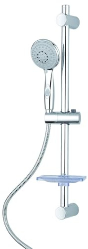 Aqa Design Set doccia saliscendi con doccetta multigetto, asta regolabile, soffione anticalcare, portasapone – attacco universale 1/2 realizzato in Acciaio e ABS - Cromato - 10x10x66 cm