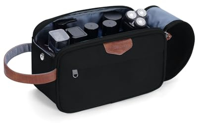 ECOHUB Borsa da Toilette per Uomo di Grande Capacità con Tasca Impermeabile | Grande Capacità, Apertura a 180°, Doppia Cerniera SBS, Portatile, Riciclata, Leggera, per Bagno, Palestra, 26×15×12cm, Nero