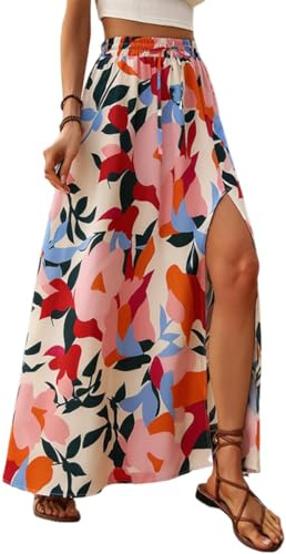 EIRUKON Gonna Lunga Donna Estiva Elegante Vita Alta Gonne con Spacco Bohemien A Linea Elastico Gonne Lunghe Casual Swing Spiaggia Vacanze Maxi Skirt,Rosso,M