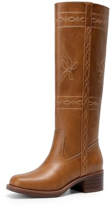 DREAM PAIRS Women's Stitching Vintage Knee High Boots,Tan,8 | Square Toe,Pull-on,Tall Shaft with Western Stitching,Vintage Style,Comfort Going-out Festival Long Boots for Women