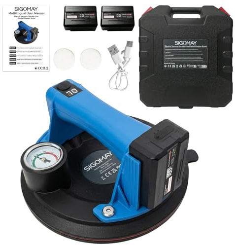 SIGOMAY 8 Ventosa Eléctrica para Azulejos 130kg, Elevador por Vacío con Manómetro de Metal y Pantalla LCD, 2 Baterías (Carga USB), Ventosa de Cristalero para Porcelánico y Superficies Lisas