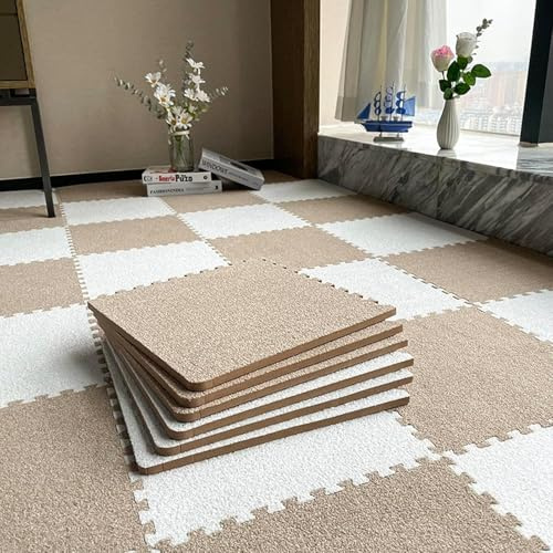 HynJGih Alfombra entrelazada de Felpa Corta Cuadrada, baldosa Rompecabezas, Alfombra rastreo, alfombras área Retazos, 10 Uds(Light Coffee+White)