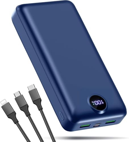 PDBEST Power Bank 50000mAh,3 in 1 Kabel 22,5W Schnellladen | 3 Ausgängen und 2 Eingängen LED Display Große Akkukapazität für Camping Unterwegs mit iPhone Android Tablet Blau