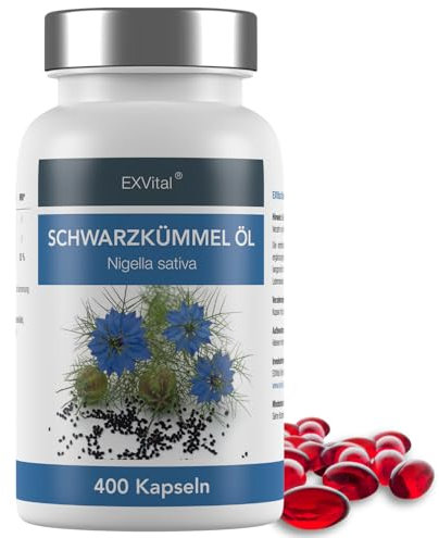 Schwarzkümmelöl Kapseln, 1000 mg, EXVital, kaltgepresst, ägyptisch, naturbelassen, mit Vitamin E, 400 Softgel Kapseln für mehr als 6 Monate, Premiumqualität, Kein Magnesiumstearat, 1er Pack (1x280g)