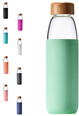 veegoal 18 Oz Borosilicate Glass Water Bottles with Bamboo Lid, BPA-FREE, Non-Slip Silicone Sleeve, and Stainless Steel Leak Proof Lid - Reusable Glass Bottle for Men and Women