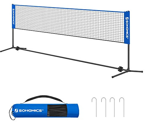 SONGMICS Rete da Badminton Tennis Pallavolo 5 m, con Pali ad Altezza Regolabile, Rete Portatile per Volano Beach Volley, Pickleball, Giardino Parco Esterno, Blu SYQ500V2
