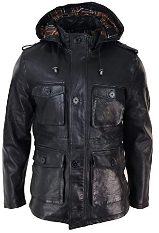 Infinity Leather Herren Lederjacke 100% Echtleder Schwarz Braun 3/4 Länge Abnehmbare Kapuze Militär