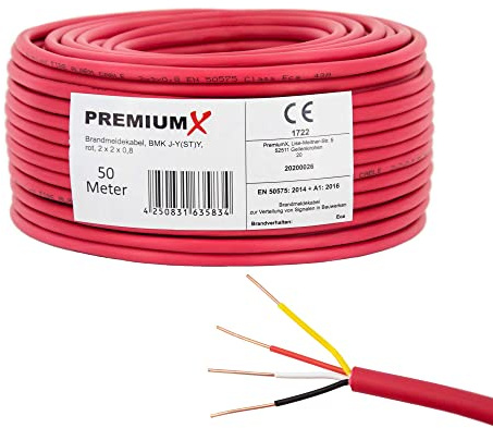 Premium X 50m Brandmeldekabel BMK J-Y(ST) Y 2x2x0,8 Eca Fernmeldekabel rot Fernmeldeleitung Brandmeldeleitung