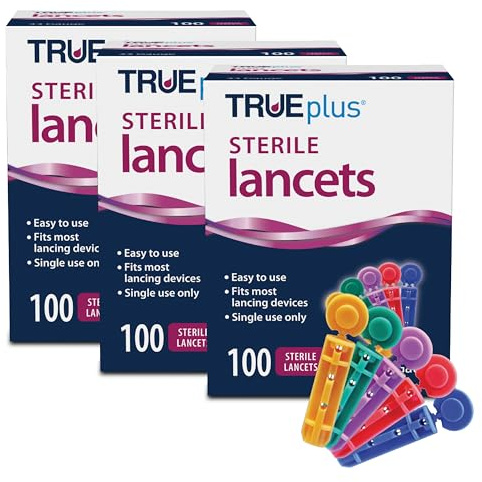 TRUEplus Single-Use Safety Lancets Bundle - 300 Blood Lancets (Sterile, 33g, 4 cm), TRUEplus Log Book