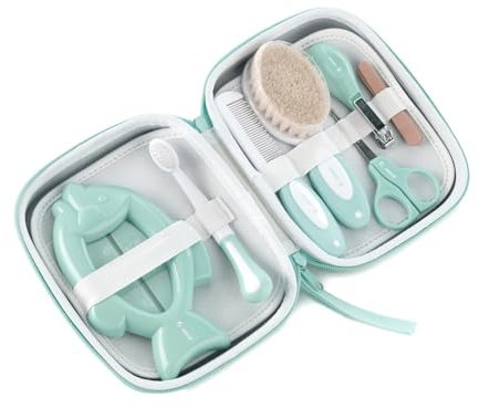 Jané Kit Hygiène Bébé avec Trousse, Set Complet Nouveau-né (Brosse, Peigne, Ciseaux, Coupe-Ongles, Lime, Brosse à Dents, Thermomètre)