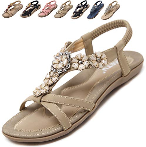 Acfoda Zapatillas Mujer Verano Casual Planas Sandalias Comodas Elegantes Confort Zapatos de Playa Elástica Antideslizantes Chanclas Talla Beige 38