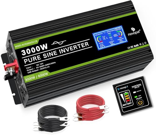 NOVOPAL 3000W 6000W Convertisseur Pur Sinus 12V 220V 230V Onduleur Transformateur avec écran LCD,2 Prises EU AC,1USB,5M Télécommande,Convient pour Camion, Camping, Voyage,Voitures