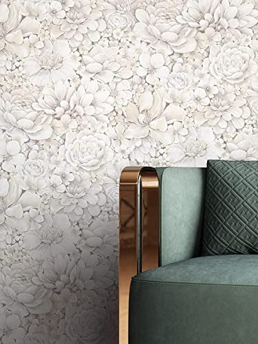 Newroom Vliestapete Beige Blumen Blumentapete Wohnzimmer | 3D-Optik mit plastischen Pfingstrosen und Dahlien, cremiger Schimmer, Mustertapete, Wandtapete, Shabby Chic, Schlafzimmer