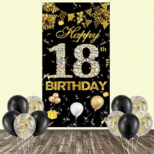 Grattis på 18:e födelsedagen dekoration för flicka, söt 18-årsdag banderoll svart och guld, tygskylt 18-årsdag affisch, 18-årsdag dörrbanderoll för flickor födelsedagsfest tillbehör välkomstskylt