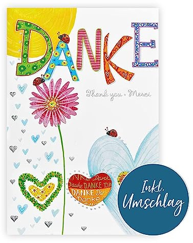 bsb Dankeschön Karte - Dankeskarten in 11,5 x 17,0 cm - schöne Karte Danke mit bunten Blumen Motiv - liebevolle Danke-Karte - Dankeskarten Hochzeit & Co. - Danke Karten mit Umschlag