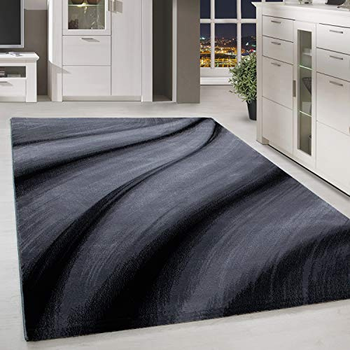 Homebyhome Matta 140x200 cm, Modern Abstrakt Våg Design Svart Grå, Lättskött, Perfekt för Vardagsrum, Matsal eller Sovrum