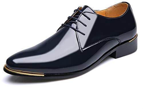 Scarpe Oxford Uomo Scarpe Eleganti da Uomo for Uomo Scarpe Derby Stringate Lucide con Punta Arrotondata in Pelle Verniciata Antiscivolo Low Top Antiscivolo Prom (Color : Blu, Size : 40 EU)