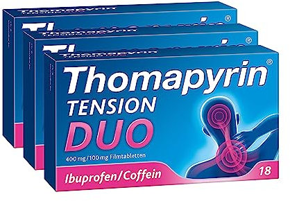 Thomapyrin TENSION DUO Schmerztabletten bei stärkeren Kopfschmerzen| 3x18 Stk | Einzigartige Kombination aus Ibuprofen und dem Booster Coffein | Wirkt 40% stärker als Ibuprofen 400 mg