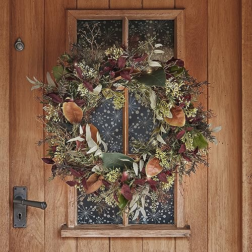 Lights4fun 60cm Pre Lit Artificial Red Robin and Eucalyptus Christmas Autumn Winter Front Door Wreath 50 Micro LED Battery Operated Indoor and Outdoor Use