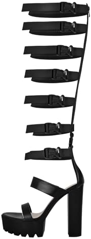 blingqueen Damen Römersandalen Plateau Sandalen Blockabsatz Sandaletten | Schaftsandalen, Kniehohe High Heels Sandaletten, mit Verstellbaren Riemen, Profilsohle, Reißverschluss