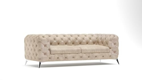 S-Style Möbel Erio Sofa 3-Sitzer Chesterfield-Sofa für Wohnzimmer Freistehende Polster Sofas & Couches Couchgarnitur Mit Silbernen Metallfüßen Beige 225 x 100 x 75 cm