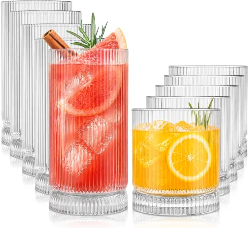 KEMORELA 8er Set Geriffelte Trinkgläser 385ml & 473ml – Gläser Set mit Vintage Rillen Design, Trinkgläser für Eiskaffee, Matcha Latte, Cocktails & Wasser, Aesthetic Glasbecher für Getränke