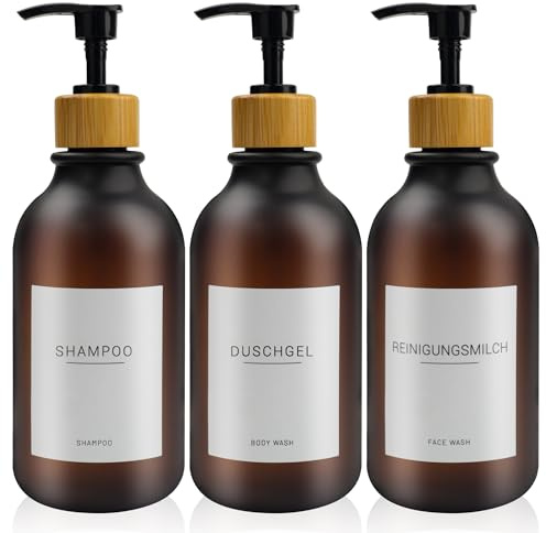 3 Stück 500ml Seifenspender mit 22 Weißen Etiketten Lotionspender aus PET-Kunststoff Leere Flasche Geeignet für Badezimmer（Bernstein）