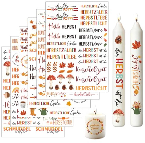 Kerzentattoos Herbst, Wasserschiebefolie Kerzen Bastelset | DIY Rub On Sticker mit Teekanne & Kuchen Motiven. Ideal für gemütliche Herbstdeko. Reines Erwachsenen-Bastelset