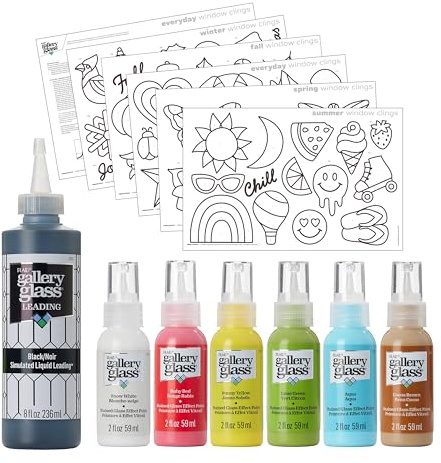 Gallery Glass Window Cling Art Kit, 10 Piece Set Including 3 Pattern Sheets, 6 Stained Glass Colors and 1 Liquid Leading, PRMGGCLING24