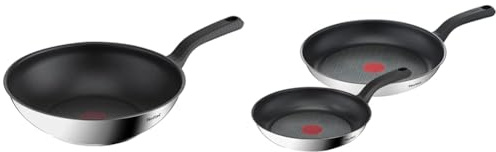 Tefal 28cm Comfort Max Stainless Steel Non-Stick Wok, Silver & 2 Piece Comfort Max, 24cm & 28cm Frying Pans, Stainless Steel, Silver, Black
