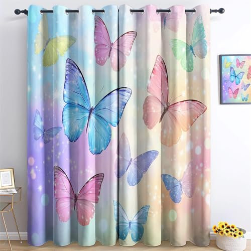 Vorhänge Aquarell Insekt Schmetterling mit Ösen Blickdichte Gardinen Bunt Blackout Curtain Thermovorhang für Kinder Teens, Schlafzimmer Wohnzimmer Verdunklungsvorhänge H183 x B117 cm (2er Pack)