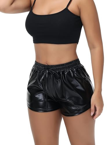 NewL Glänzende metallische sexy Damen-Shorts, hohe Taille, reflektierende Hose, glitzerndes Outfit, elastische Taille, Rave, Tanzparty