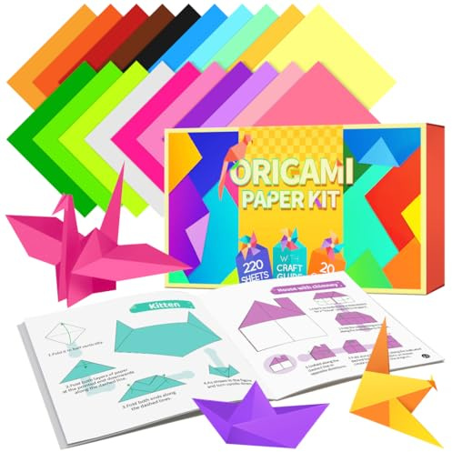 Tiehuoxia Origami Paper, 20 Colors Double Sided Origami, 220 Sheets Origami Paper Set with Guide Instruction, Origami Kit for Crafts, Arts