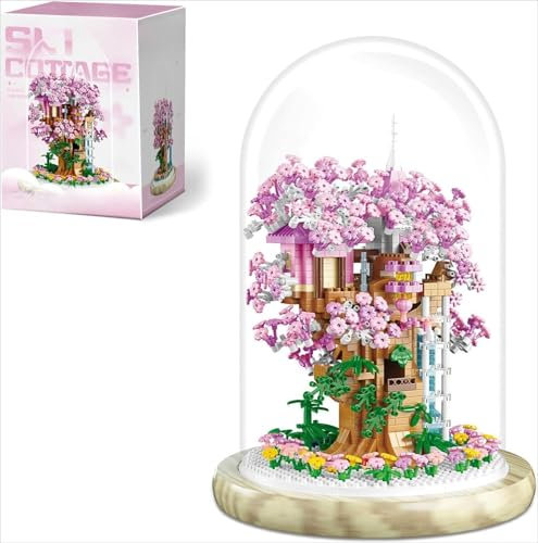 Micro Tree House Mini Building Blocks Set with Dust Cover and Wooden Base, Blossom Bonsai Tree House Architecture Micro Building Kit, Creative MOC Construction Blocks Set for children adult (P2237)
