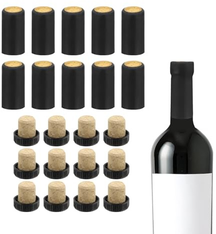 QUARKZMAN 100Pcs Capsules Thermorétractables PVC 12Pcs Bouchons Bordeaux Liège Forme T Bouchon Bouteille Capsules Thermorétractables pour Verre, Caves Bordeaux, 30x60mm, Noir
