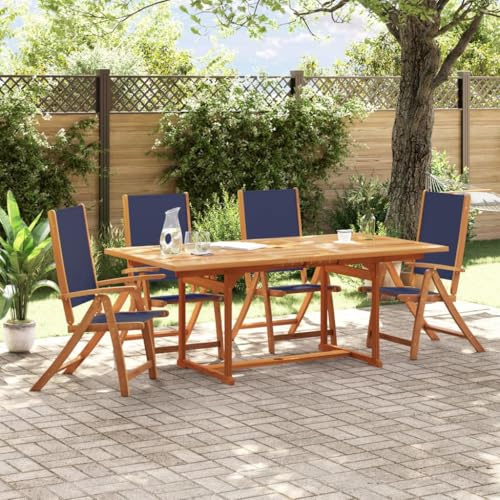 IKAYAA Gartenmöbel Set Holz Sitzgruppe Garten Holz Essgruppe 4 Personen Rechteckig Gartentisch Ausziehbar mit 4 Gartenstuhl Hochlehner Verstellbar Wetterfest Akazie Sitzgarnitur Blau