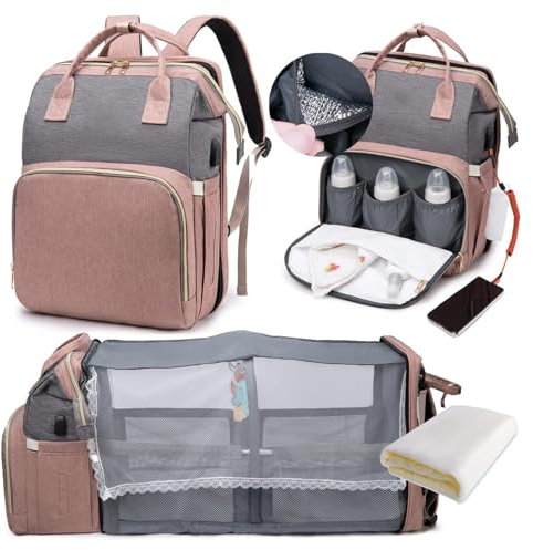 WXJHNYBS Wickeltasche Kinderwagen, Wickelrucksack Mit Bettfunktion Diaper Bag Mit Wickelunterlage Wickeltasche Groß Neu Geboren,PinkGray