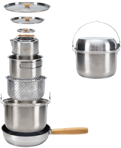 KingCamp Camping Cookware Set, 304 Stainless Steel Campfire Cooking Pots Pan and Kettle with Travel Tote Bag for Camping Outdoor Kitchen Cooking Picnic for 4-6